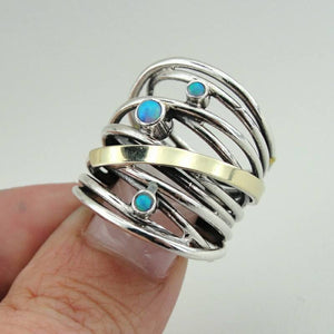 Hadar Designers Blue Opal Ring 6,7,8,9,10 9k Yellow Gold 925 Silver (Ms r1051)