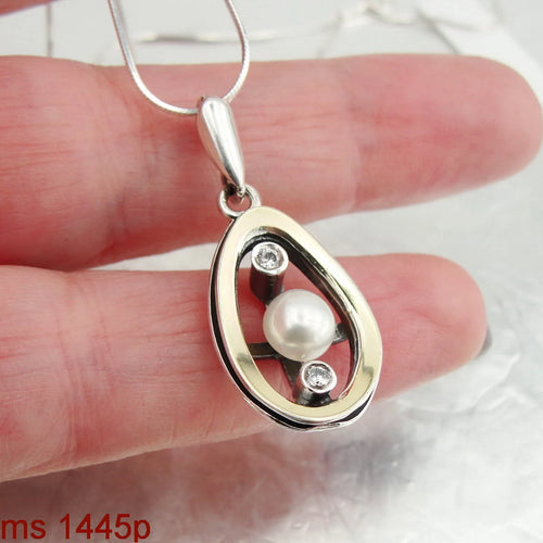 Hadar Designers White Pearl Pendant 9k Yellow Gold Sterling Silver Handmade (ms