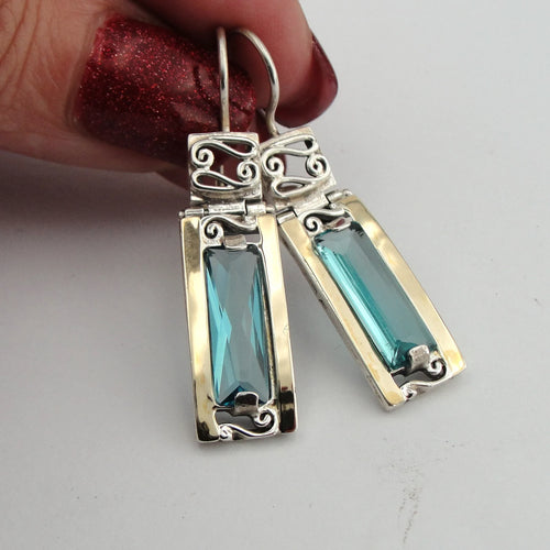 Blue topaz z Earring Handmade 9k Yellow Gold Sterling Silver Hadar Designers (s