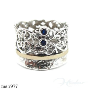 Hadar Designers Blue Sapphire Ring 9k Yellow Gold 925 Silver sz 6,7,8,9,10 (MS)