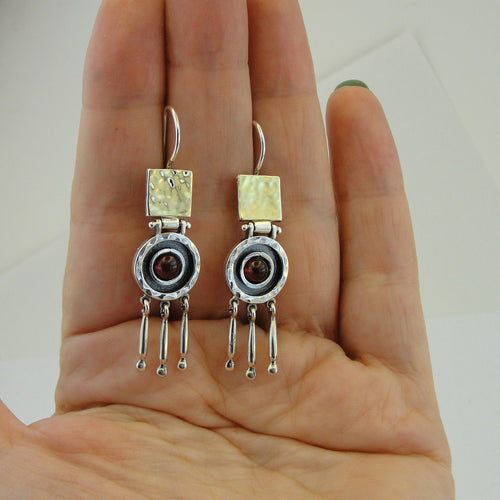 Hadar Designers Red Garnet Earrings Handmade 9k Yellow Gold 925 Silver (ms 1724)