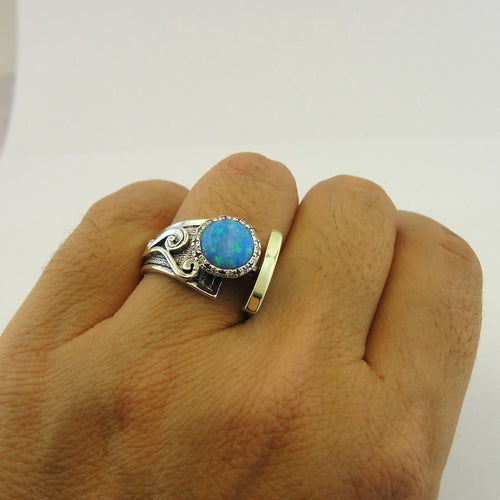 Hadar Designers Ring Blue Opal 9k Yellow Gold 925 Silver 6,7,8,9,10Handmade (ms