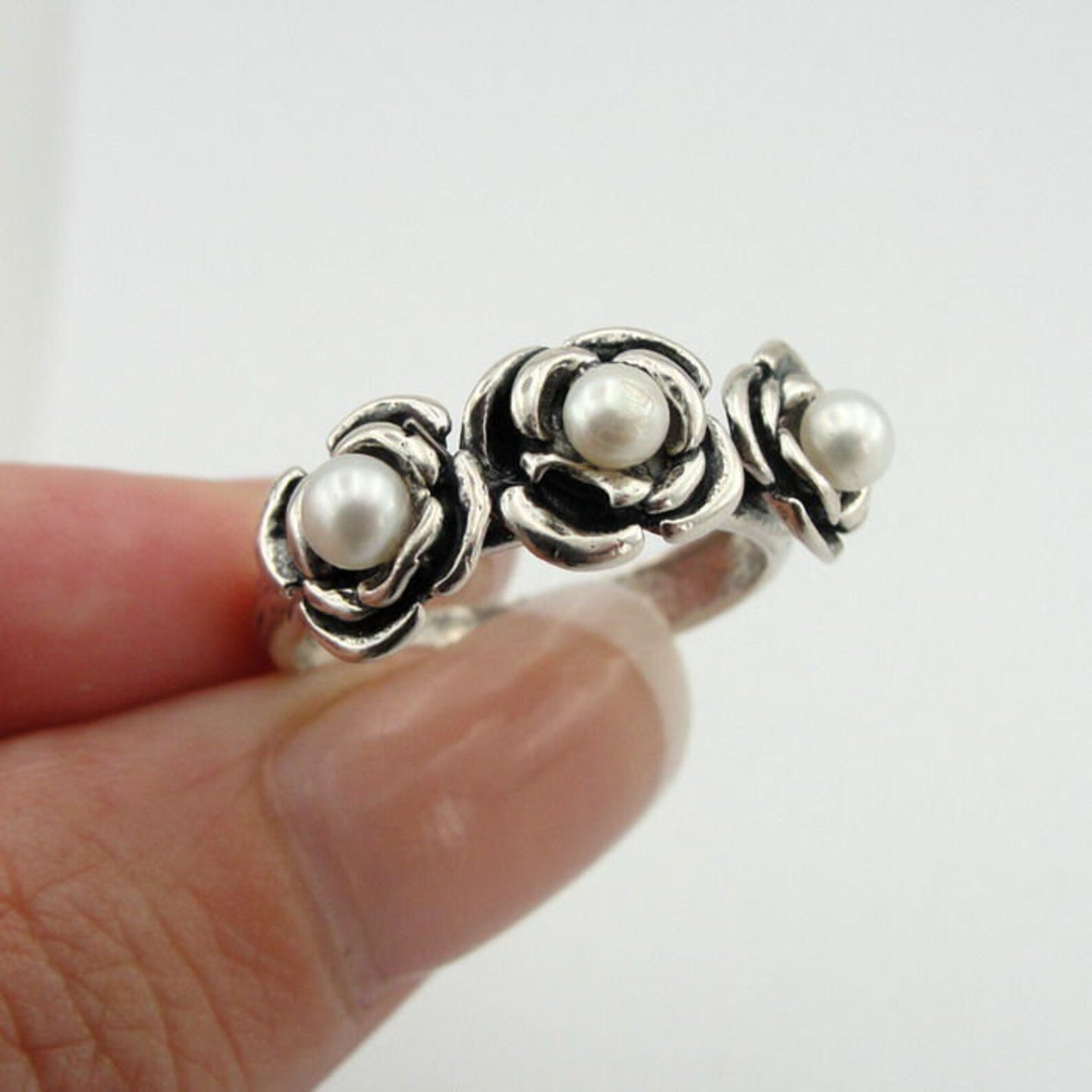 Hadar Designers Floral Pearl Ring Delicate 925 Silver 6,7,8,9 Handmade (v)