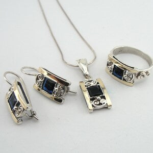 Hadar Designers Blue Sapphire Z Earrings, Ring, Pendant Gold Silver SET (S 2613