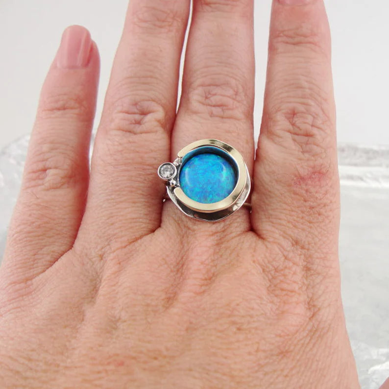 Hadar Designers blue opal ring 9k yellow gold 925 silver 6,7,8,9,10 handmade (ms