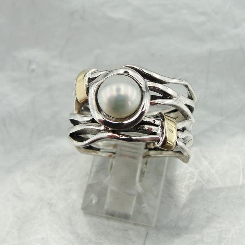 Pearl Ring 4,5,6,7,8,9 Handmade 9k Yellow Gold 925 Silver Hadar Designers (MS)y*