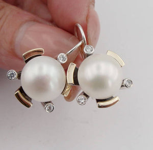 Hadar Designers Pearl Zircon Earrings 9k Yellow Gold 925 Silver Handmade (ms 395