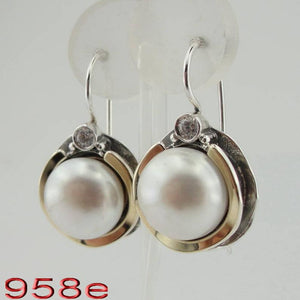 Hadar Designers 9k Yellow Gold 925 Silver Pearl Zircon Earrings Handmade (ms)y