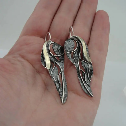 Hadar Designers long earrings 9K Yellow Gold 925 black silver handmade (s 2001)