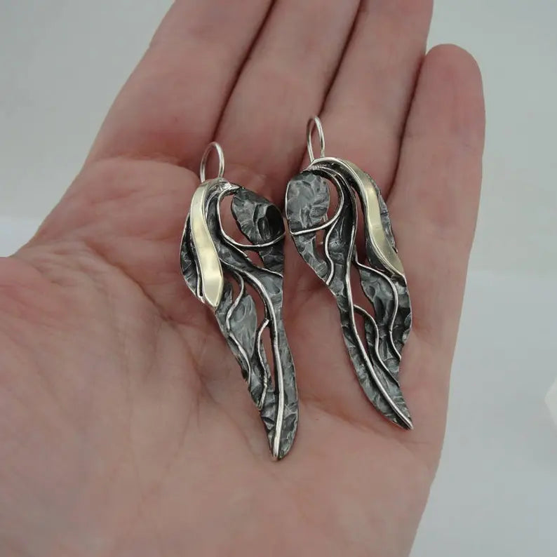Hadar Designers long earrings 9K Yellow Gold 925 black silver handmade (s 2001)