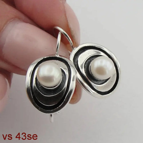 Hadar Designers White Pearl Earrings 925 Sterling Silver Artistic Handmade (vs)