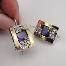 Load image into Gallery viewer, Hadar Designers Amethyst CZ Earrings 9k Yellow Gold 925 Silver Handmade (S 1658)