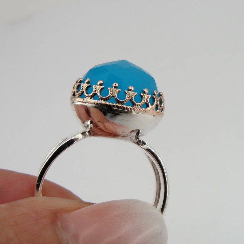 Hadar Designers Blue Ocean Quartz Ring size 8, 8.5 Handmade 925 Silver (H)SALE