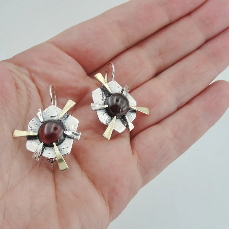 Hadar Designers Wild Red Garnet Earrings 9k Yellow Gold Sterling Silver (ms)y+p