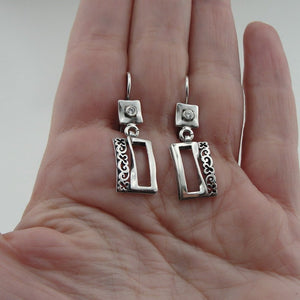 Hadar Designers Sterling Silver Filigree Earrings Long Modern Handmade Art (MS)