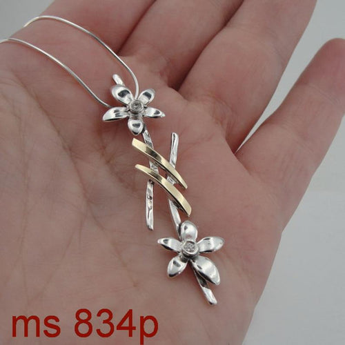 Hadar Designers Floral Pendant White Zircon 9k Yellow Gold Sterling Silver (MSy