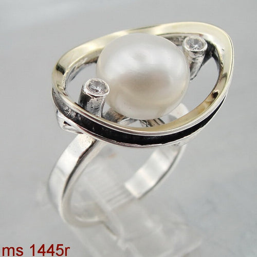 Hadar Designers Pearl Zircon 9k Yellow Gold 925 Silver Ring 7,8,9 Handmade (Ms)