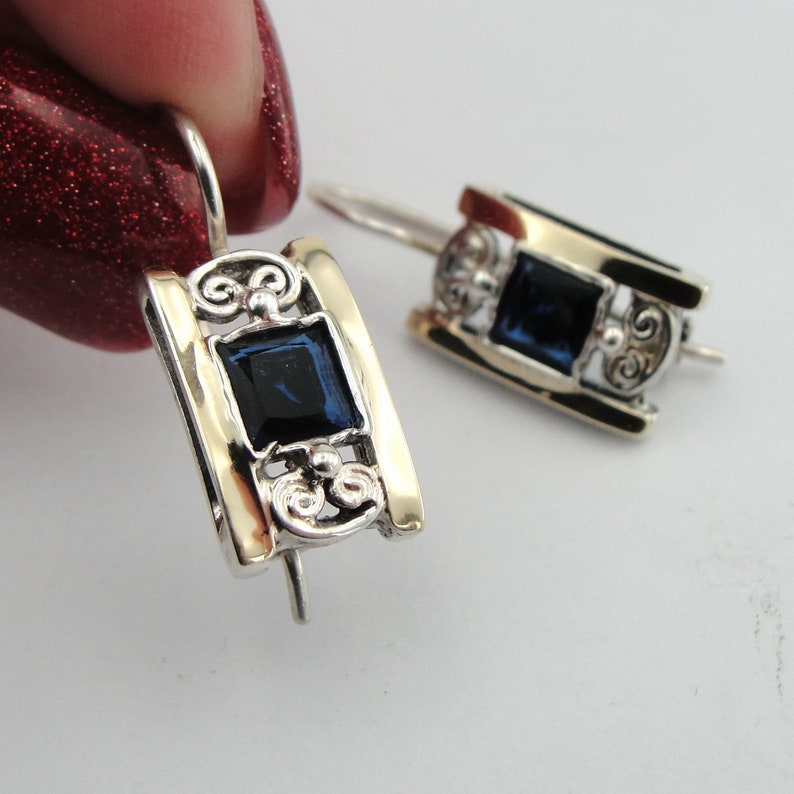 Hadar Designers Blue Sapphire Z Earrings Yellow Gold 925 Silver Handmade (S 2613