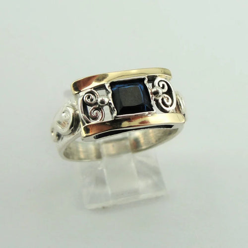 Hadar Designers Blue Sapphire cz Ring, 9k Yellow Gold 925 Silver 7,8,9, (S 2613)