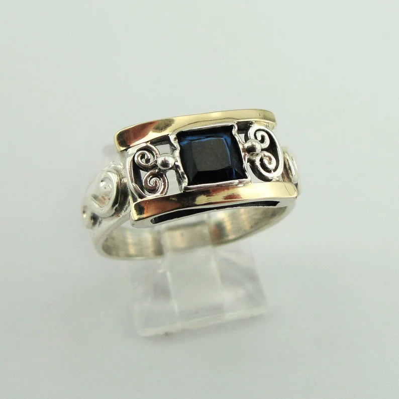 Hadar Designers Blue Sapphire cz Ring, 9k Yellow Gold 925 Silver 7,8,9, (S 2613)