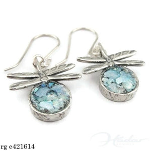 Hadar Designers Antique Roman Glass Dragonfly Earrings 925 Silver Handmade (as)