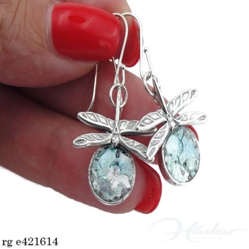 Hadar Designers Antique Roman Glass Dragonfly Earrings 925 Silver Handmade (as)