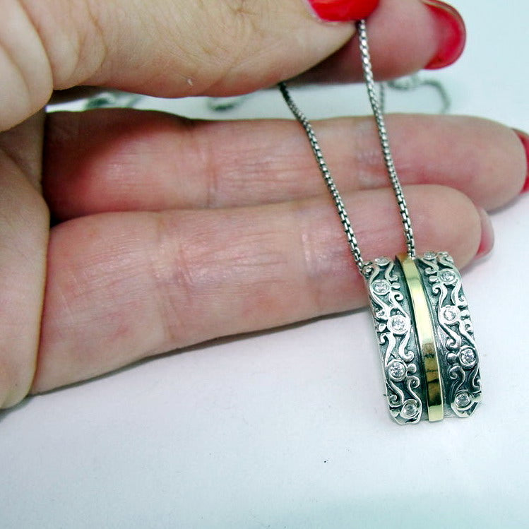 Hadar Designers Art Pendant 9k Yellow Gold 925 Silver Zircon Handmade (MS)y