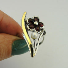 Load image into Gallery viewer, Hadar Designers Yellow Gold 925 Silver Garnet Floral Ring 6,7,8,9 Handmade (MS