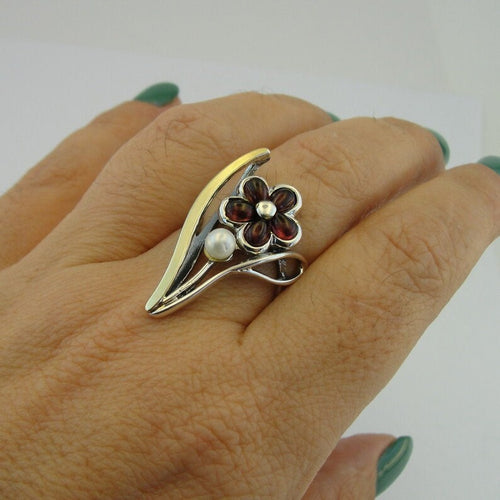 Hadar Designers Yellow Gold 925 Silver Garnet Floral Ring, Handmade (MS