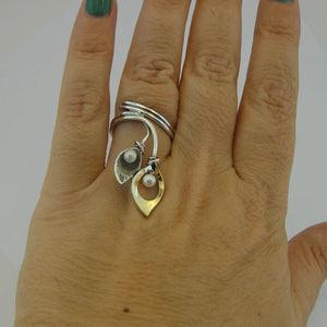 Hadar Designers 9k Yellow Gold 925 Silver White Pearl Ring 7,8,9,10 Handmade(ms