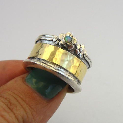 Hadar Designers Blue Opal Ring 7,8,9 Yellow Gold 925 Silver Art Handmade (ms)