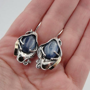 Hadar Designers 9k Yellow Gold Sterling Silver Blue Kyanite Earrings (ms 328)