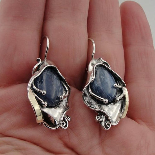 Hadar Designers 9k Yellow Gold Sterling Silver Blue Kyanite Earrings (ms 328)