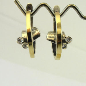 Hadar Designers 9K Yellow Gold 925 Silver Huggie Hoop Earrings Zircon ART(MS