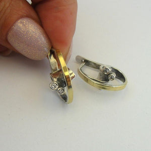 Hadar Designers 9K Yellow Gold 925 Silver Huggie Hoop Earrings Zircon ART(MS