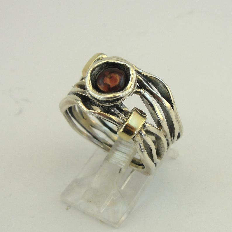 Hadar Designers garnet ring 6.5,7,8,9 handmade 9k yellow gold 925 silver (ms) y