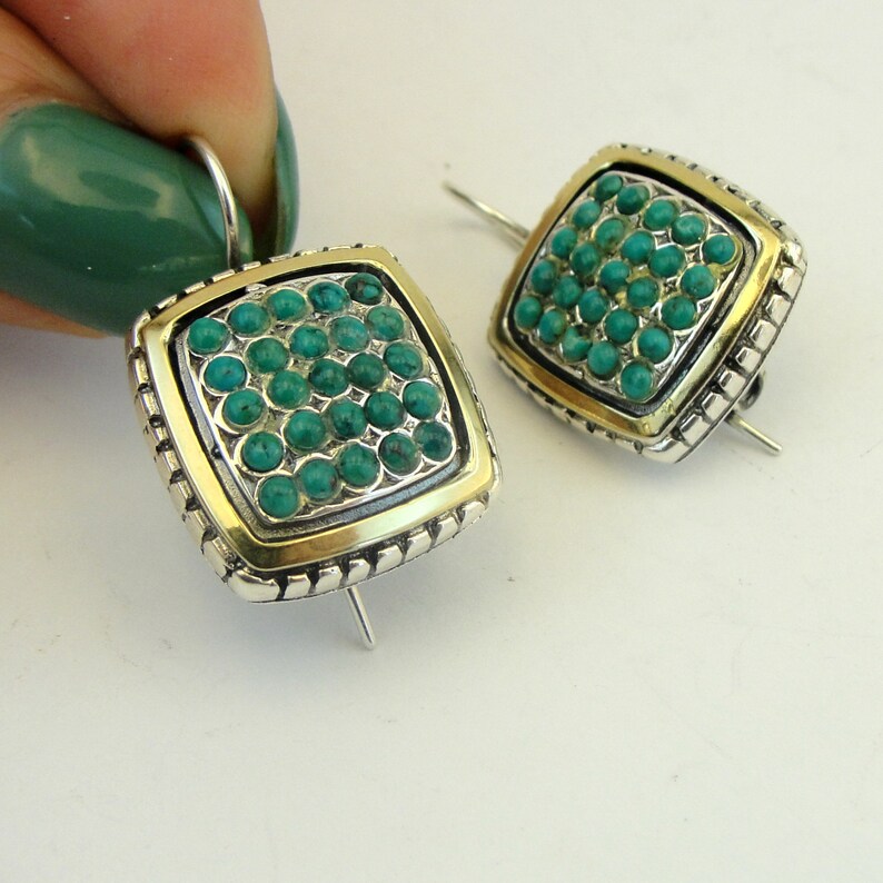 Hadar Designers turquoise earrings 9k yellow gold sterling silver handmade (ms)y