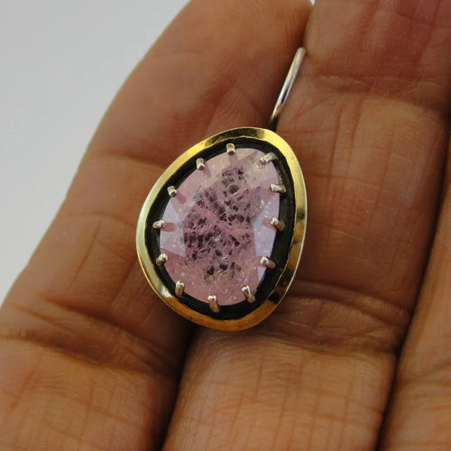 Hadar Designers Pink Zircon Earrings 9k Yellow Gold 925 Silver Handmade (MS)