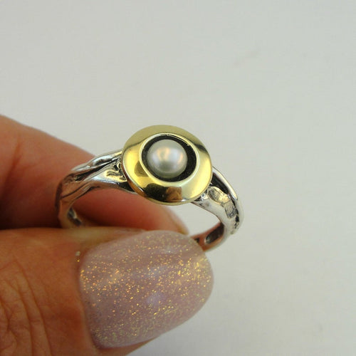 Hadar Designers Pearl Ring, Handmade 9k Yellow Gold 925 Silver (MS