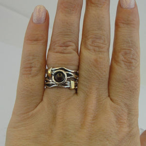 Hadar Designers garnet ring 6.5,7,8,9 handmade 9k yellow gold 925 silver (ms) y