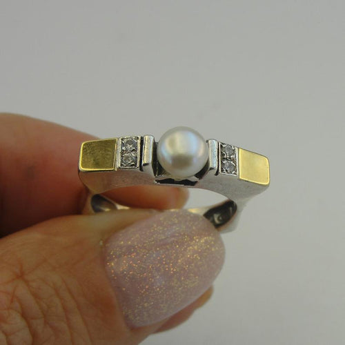 Hadar Designers Israel Pearl Ring 9k Yellow Gold Sterling Silver Handmade Art(ms