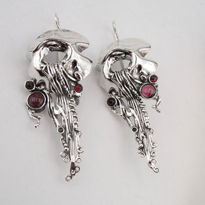 Hadar Designers Long 925 Sterling Silver Red Garnet Earrings Handmade Unique (H