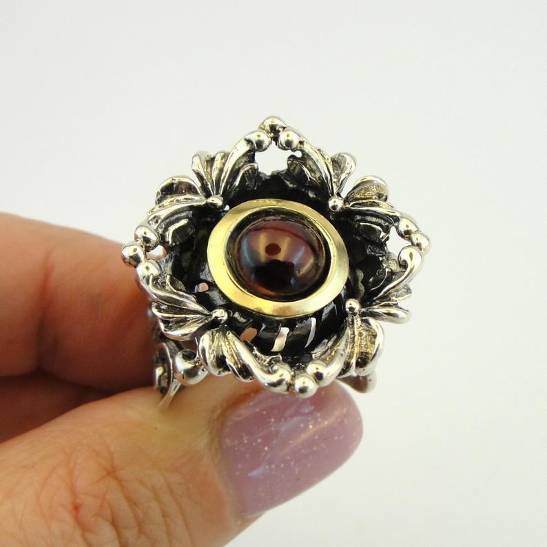 Hadar Designers Garnet Ring 9k Yellow Gold 925 Silver 7.5,8,9,10 Handmade (MS)y