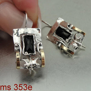 Hadar Designers Black Onyx Earrings Handmade 9k Yellow Gold Sterling Silver(MS)Y