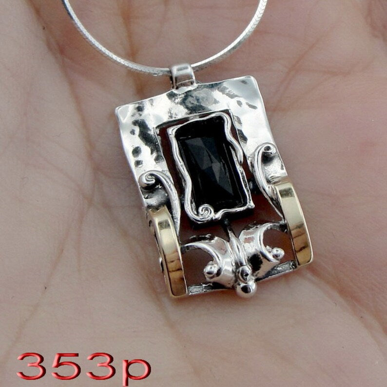 Hadar Designers Black Onyx Pendant 9k Yellow Gold Sterling Silver Handmade (MS)