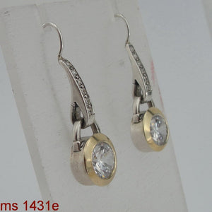 Hadar Designers White Zircon 9k Yellow Gold 925 Silver Earrings Handmade (MS)