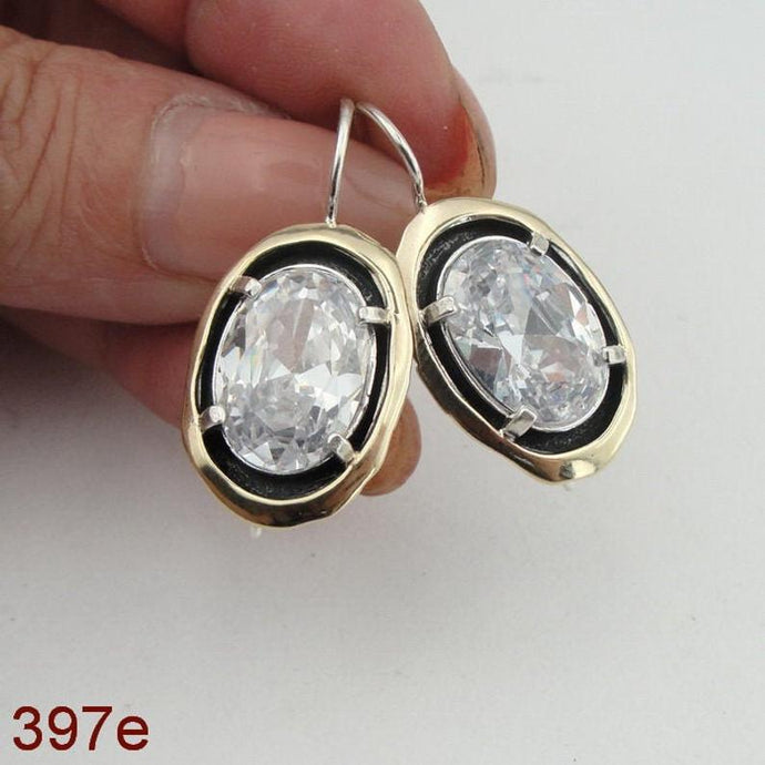 Hadar Designers White Zircon 9k Yellow Gold 925 Silver Earrings (MS