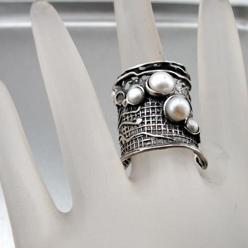 Pearl Ring 925 Sterling Silver 7,8,9,10,11 Handmade Hadar Designers (H 144)