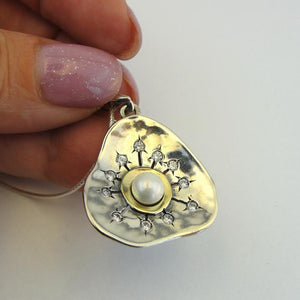 Hadar Designers Pearl White Zircon Pendant Handmade 9k Yellow Gold 925 Silver (MS 1517