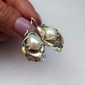 Hadar Designers 9k Yellow Gold Sterling Silver White Pearl Earrings (ms 328)